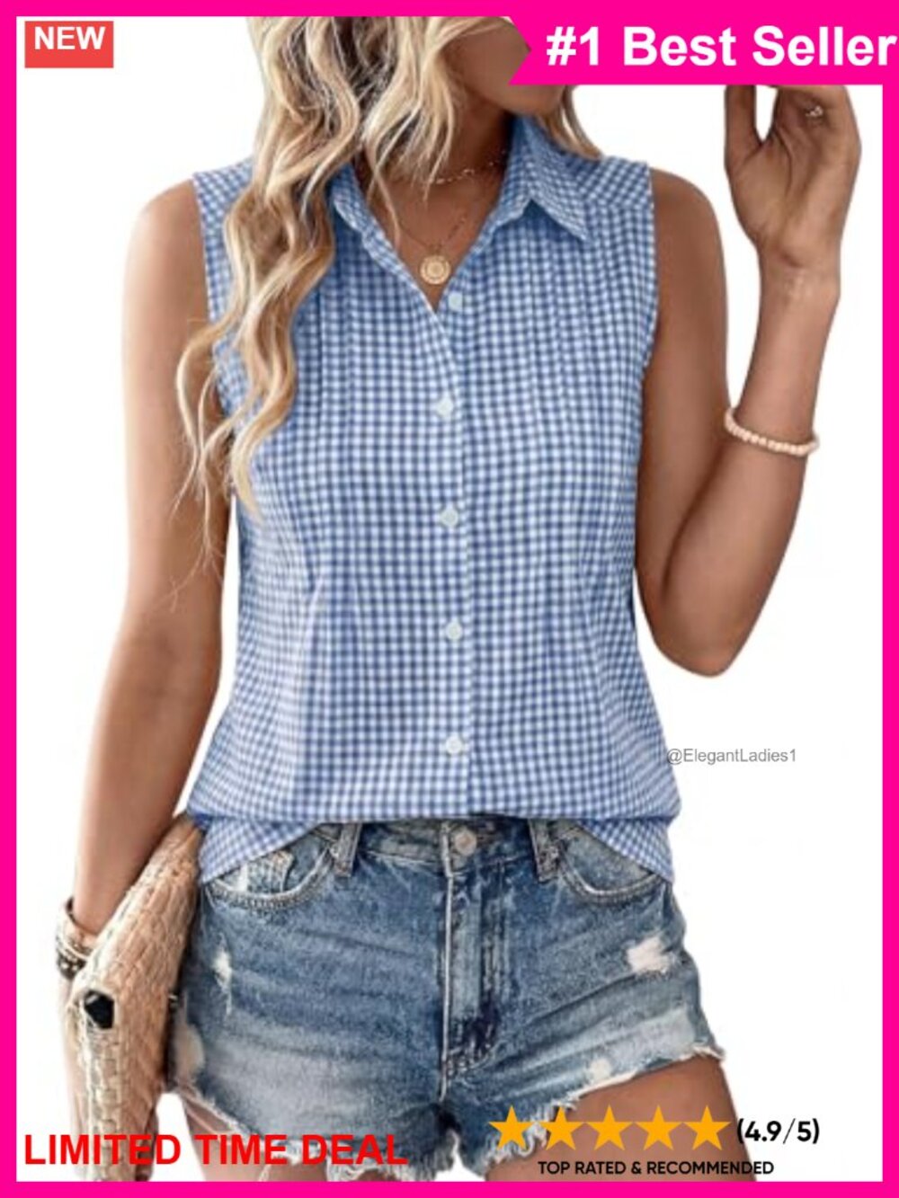 LOMON Women's Sleeveless Button Down Pleated Front Blouse Collared Office Shirt